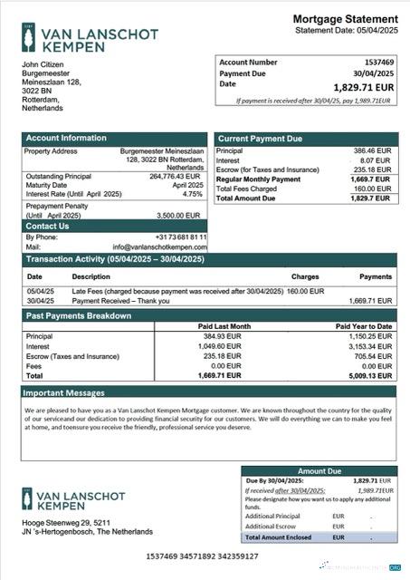 Download Netherlands Van Lanschot Kempen mortgage statement Word and PDF template Photoshop template